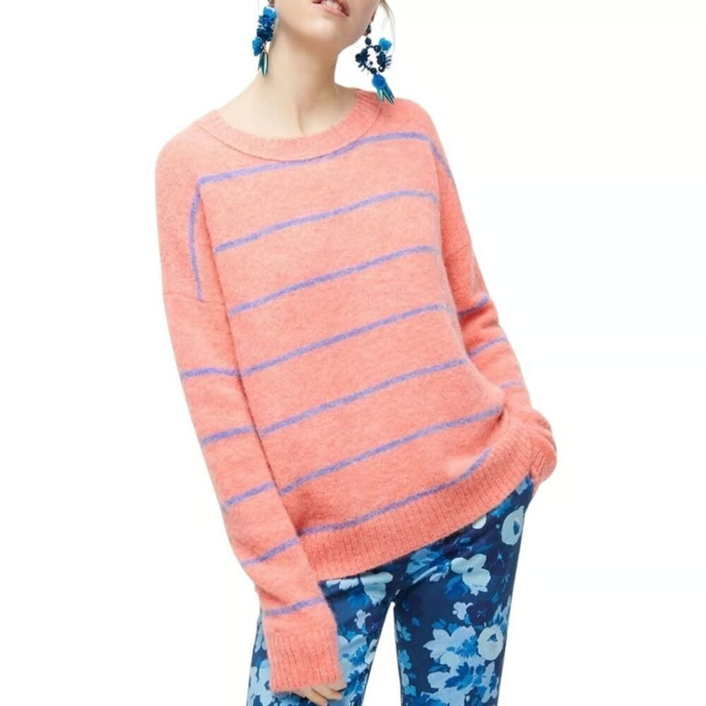 J. Crew Alpaca Wool Oversized Crewneck Sweater Womens S Stripe Pink Blue Baggy